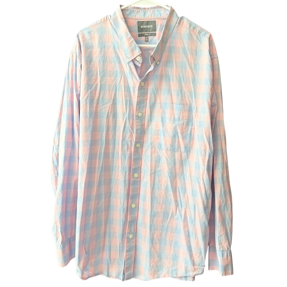 Bonobos Mens 2XL Standard Fit Gingham Button Down‎ Shirt Pink Blue 100% Cotton